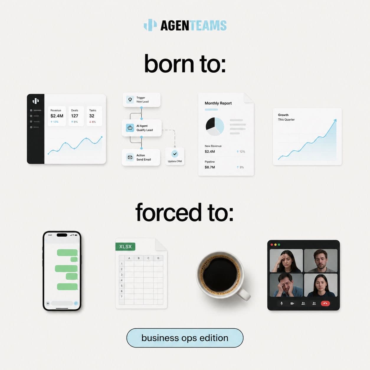 Born to build automated business operations, forced to manage chats, spreadsheets, coffee, and meetings