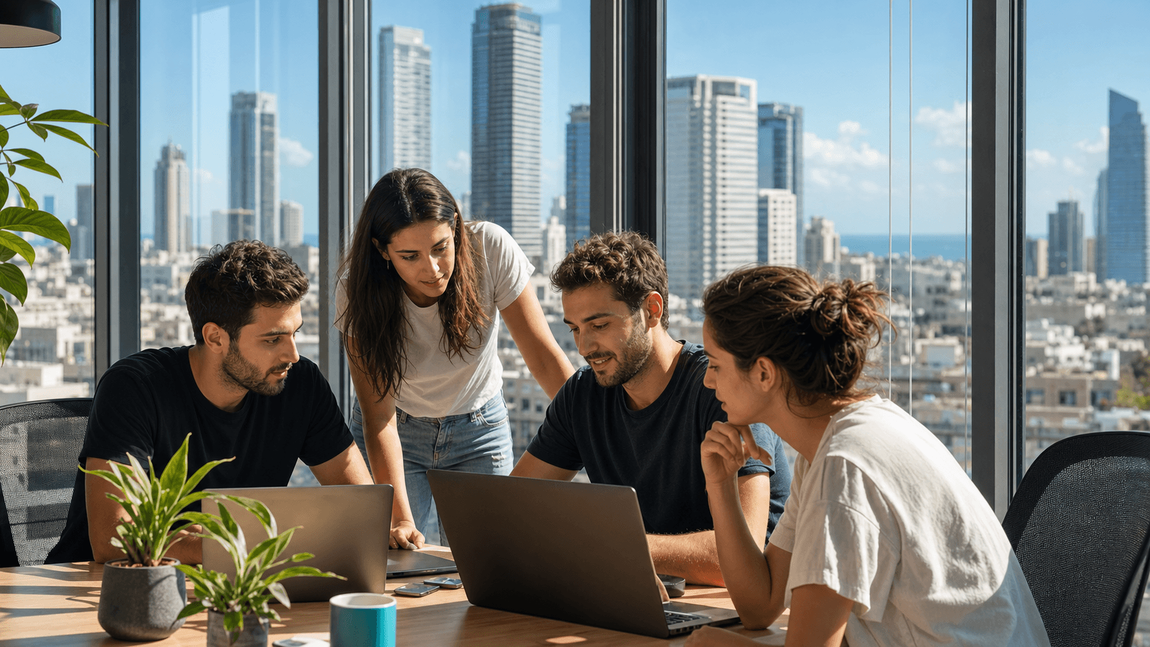 A young professional team collaborating in a Tel Aviv office